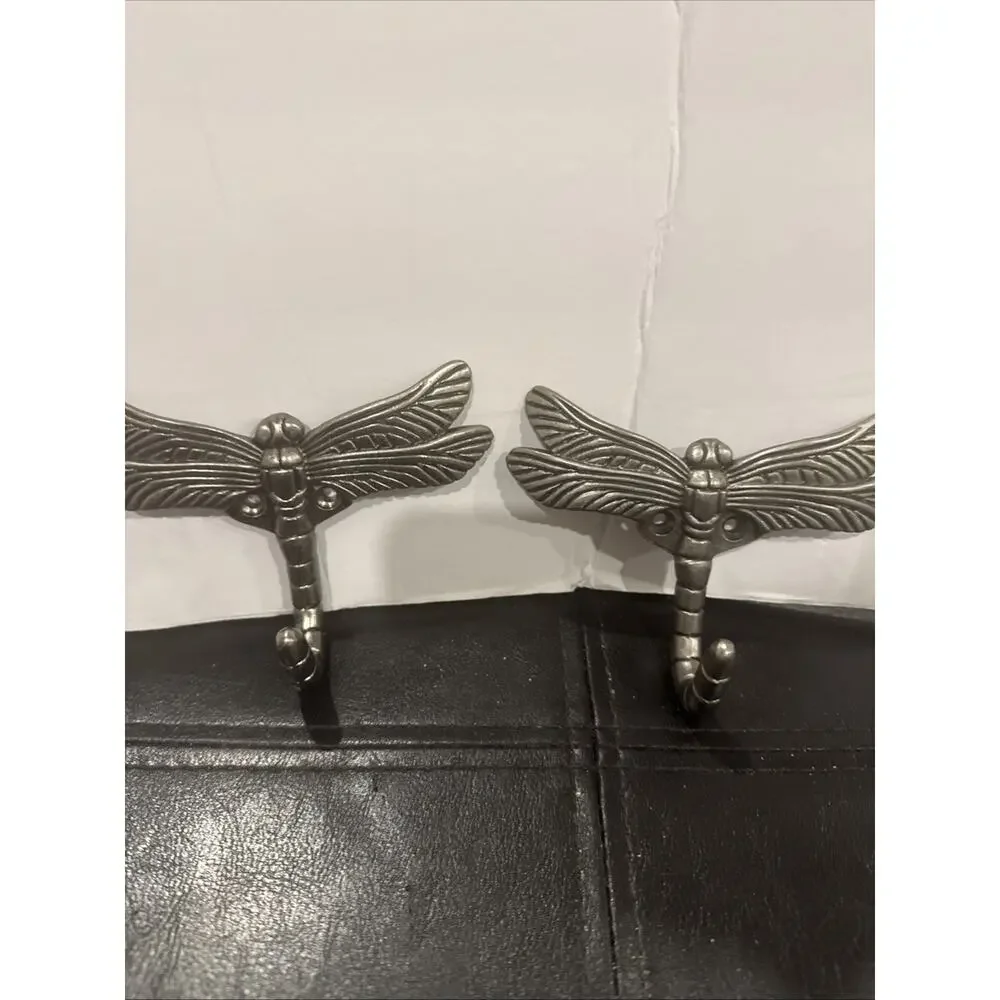 Pair Vintage Silver Tone Dragonfly Wall Hooks 4x3 Decorative Metal Coat Hook